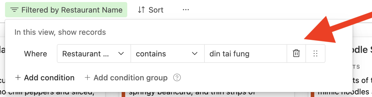 Cropped screenshot of the 'Lettuce Eat' filtering platform, with a red arrow pointed towards an example search filter showing 'Restaurant Name contains din tai fung'.